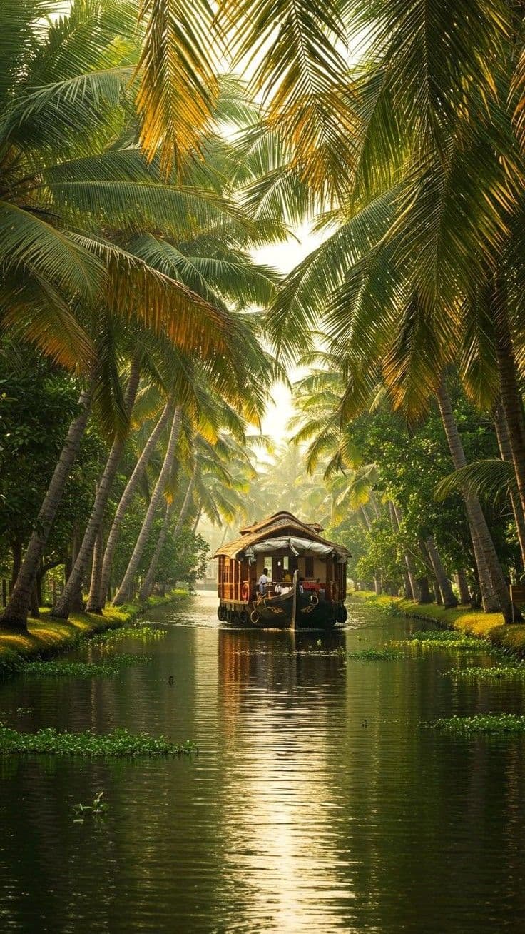 Scenic Alappuzha backwaters in Kerala featuring traditional luxury houseboats cruising along coconut-fringed canals