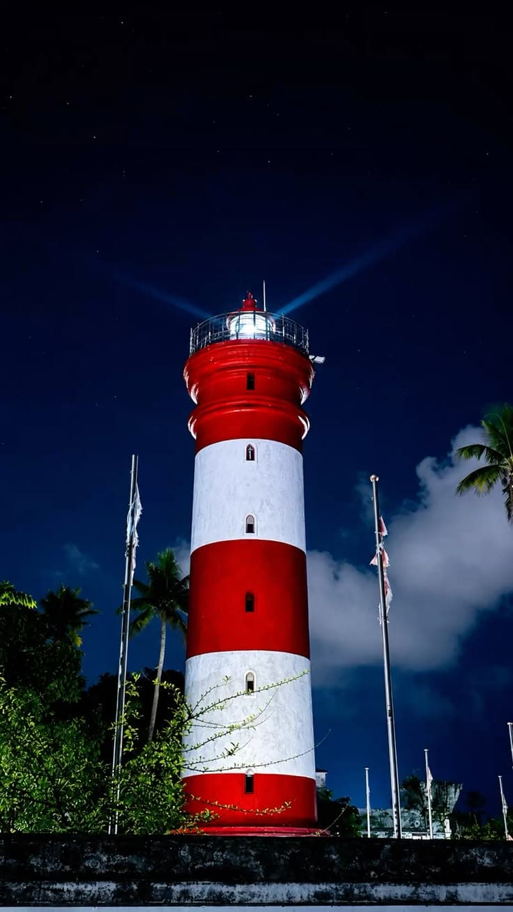 The iconic red-and-white striped Alappuzha Lighthouse standing tall near the coastline in Alappuzha, Kerala