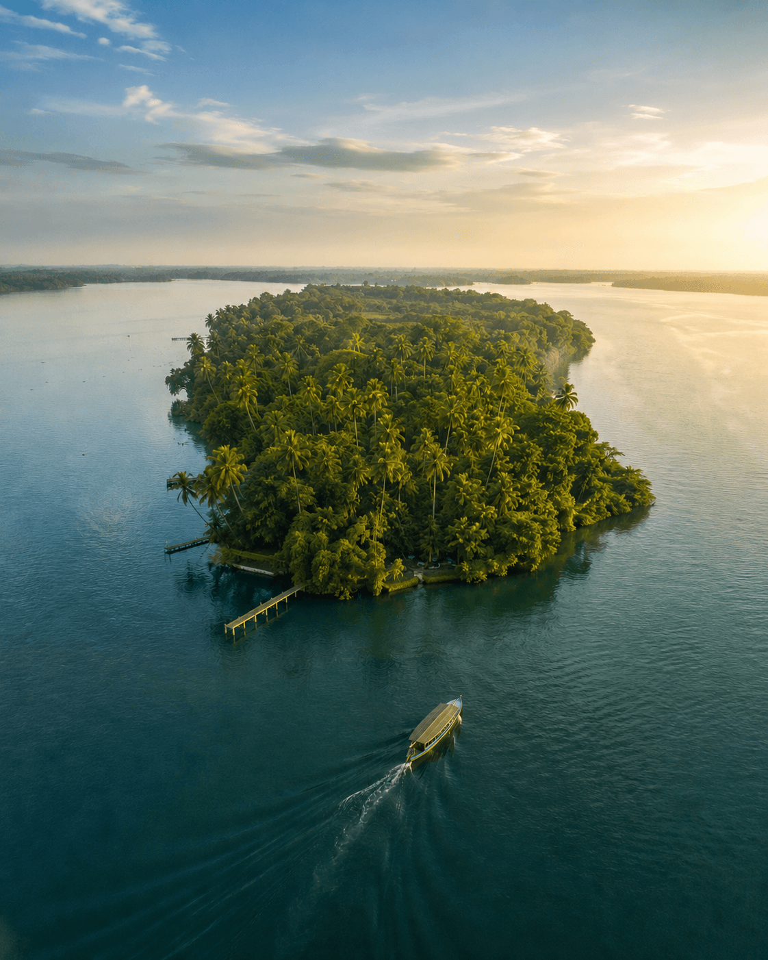 Lush green natural landscape of Pathiramanal Island, a famous sanctuary for migratory bird watching in Vembanad Lake