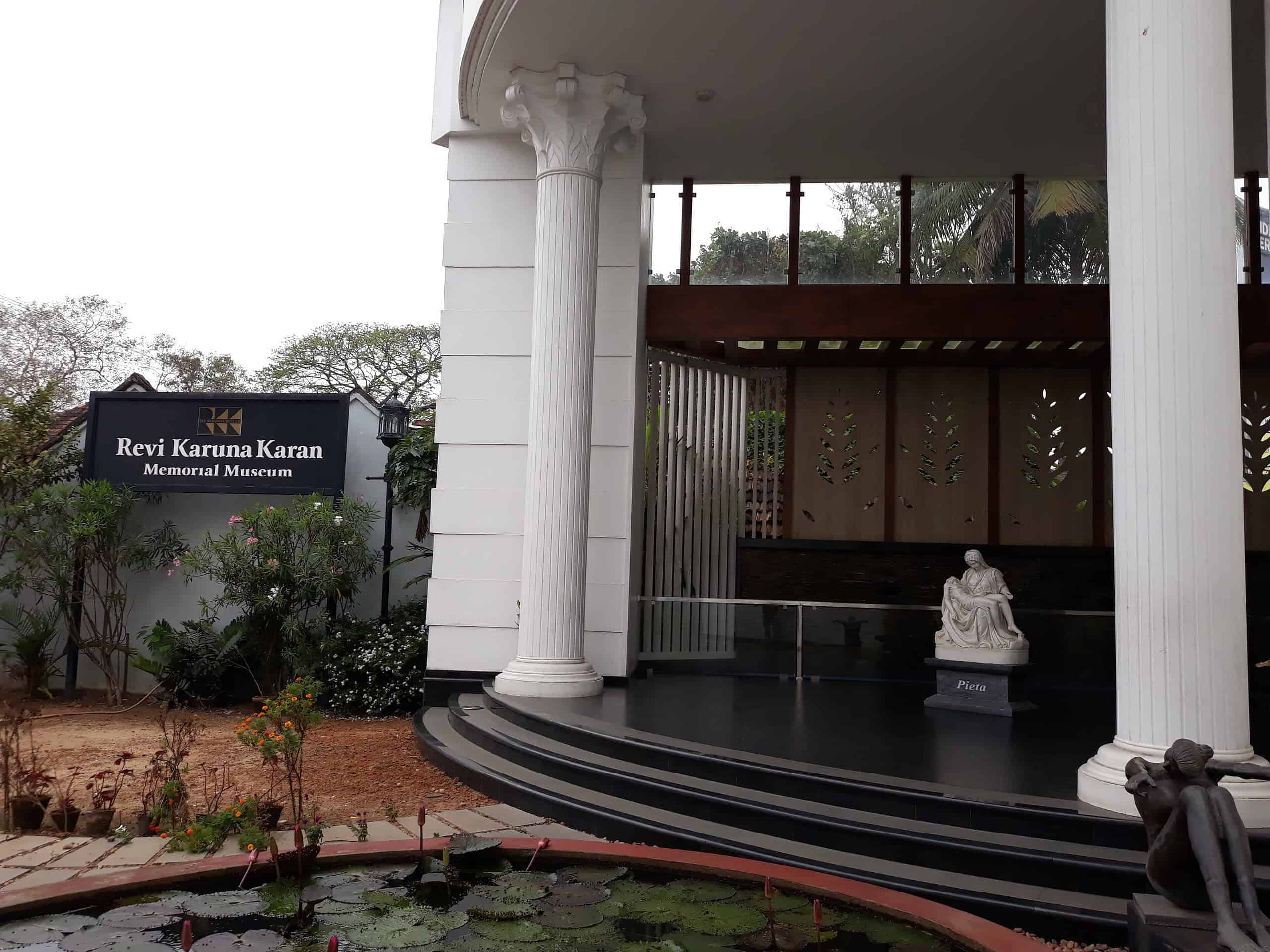 The grand classical facade of the Revi Karunakaran Memorial Museum in Alappuzha, housing classic art, ivory, and crystals