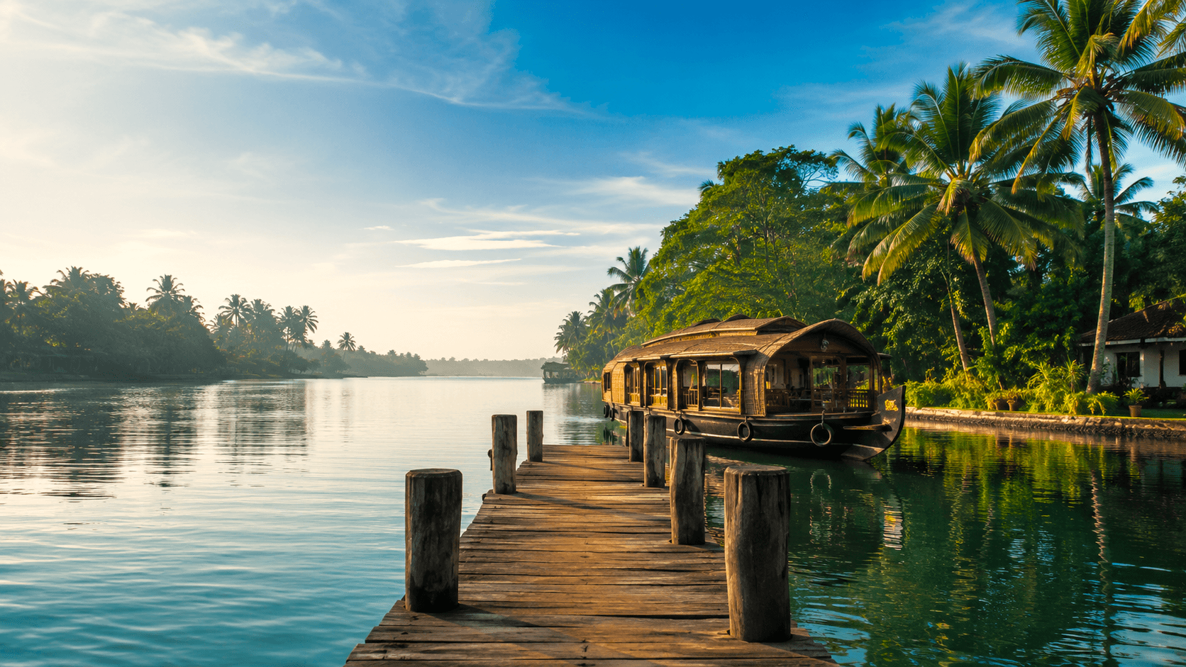 A traditional luxury houseboat cruising through the scenic backwaters of Alappuzha, Kerala