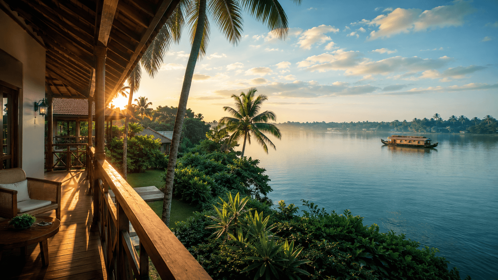 Beautiful morning sunrise view from a luxury nature resort surrounded by greenery in Alappuzha