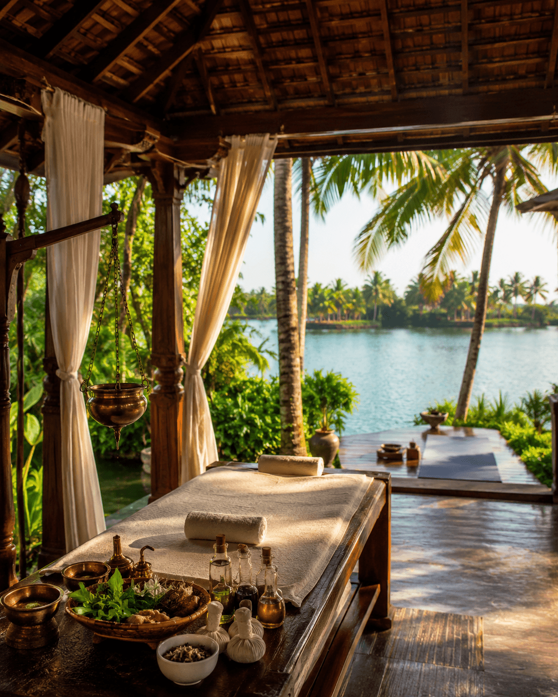Rejuvenating with traditional Ayurvedic treatments, full-body massages, and peaceful yoga sessions at a wellness center in Alappuzha, Kerala