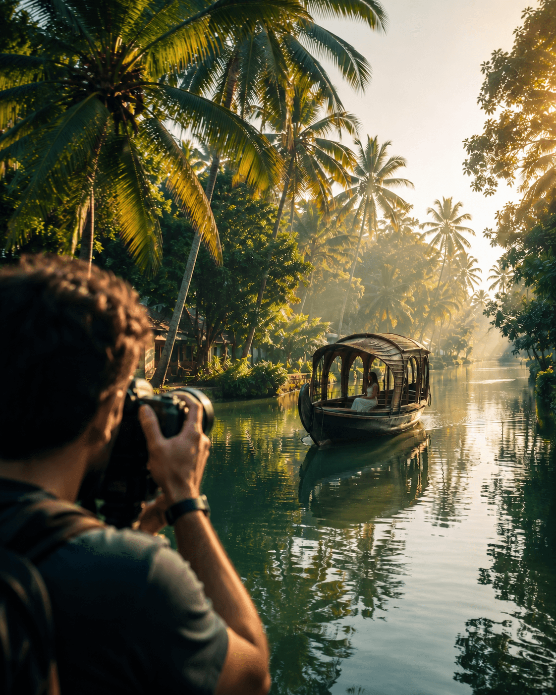 Professional travel photography and cinematic reels capturing unforgettable vacation memories in the backwaters of Alappuzha, Kerala