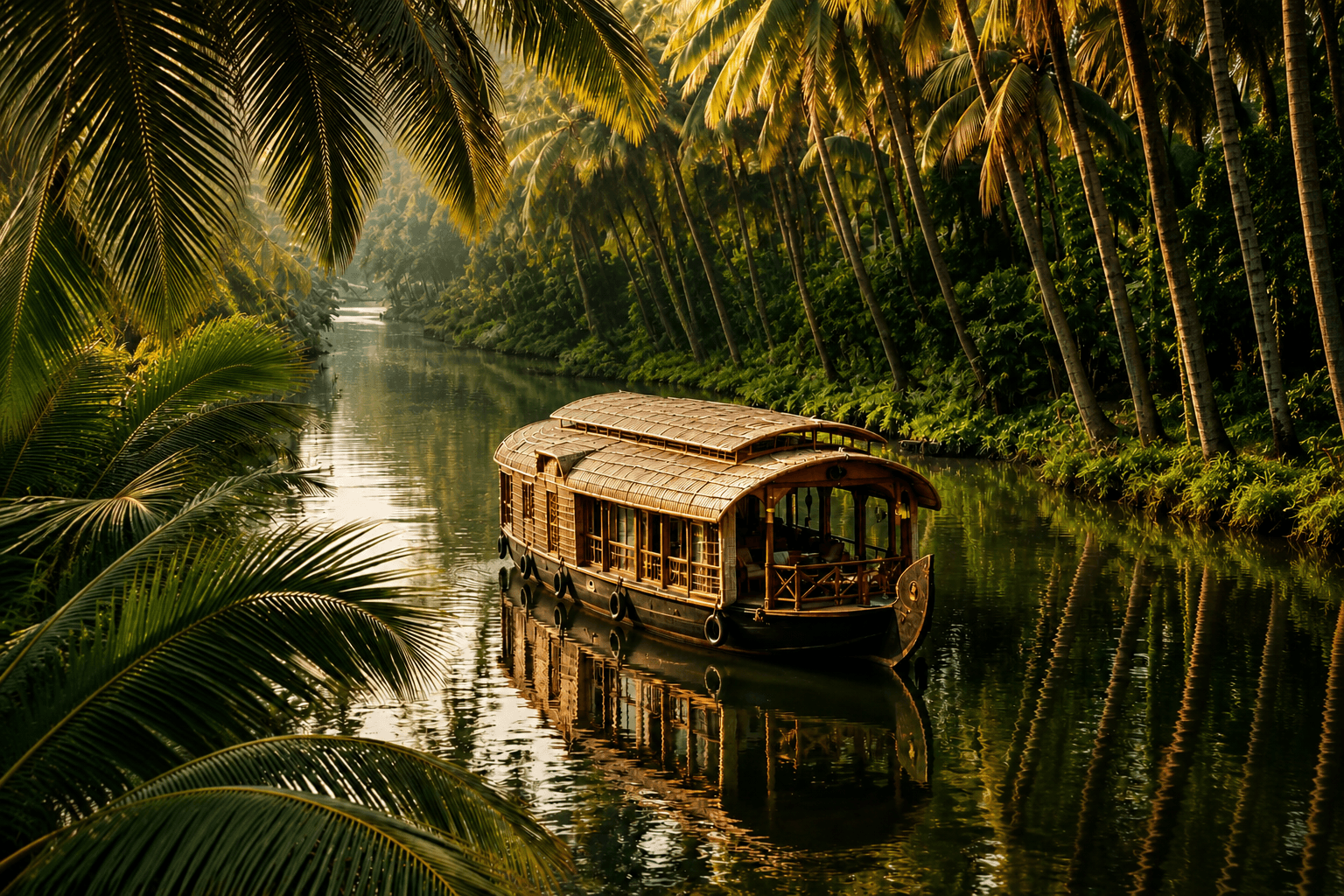A luxury traditional houseboat cruising through the iconic backwaters of Alappuzha, Kerala.