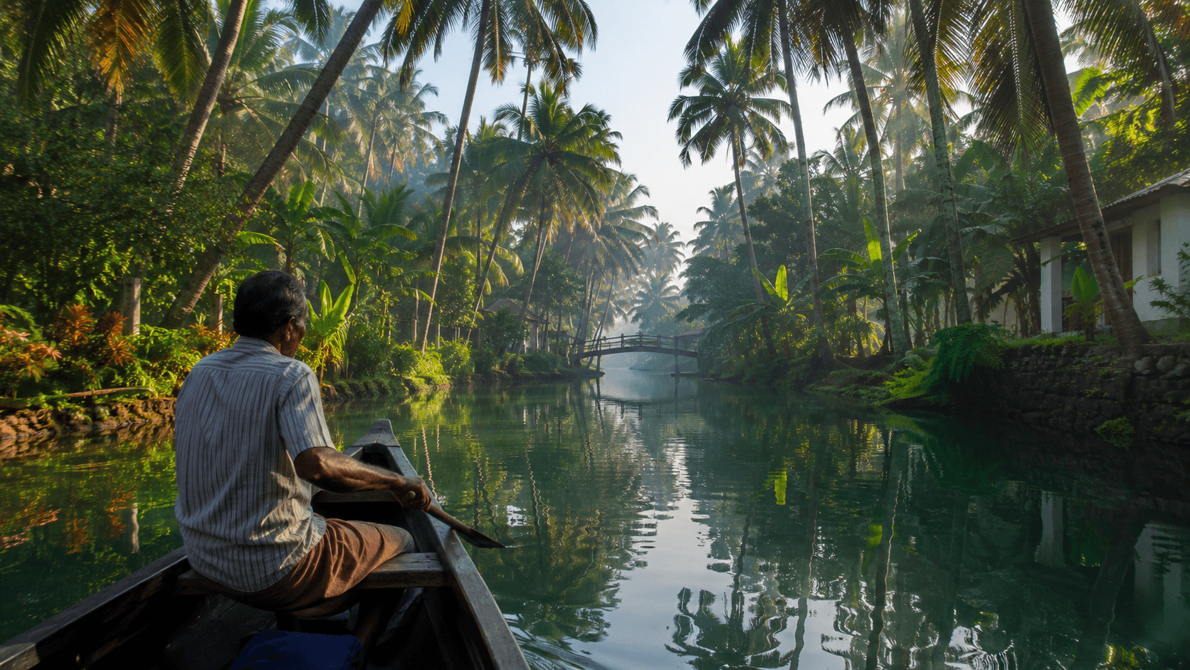A luxury houseboat cruising through hidden, untouched backwater canals in Alappuzha, curated by a local Kerala travel expert